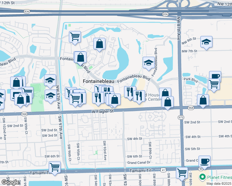 map of restaurants, bars, coffee shops, grocery stores, and more near 9270 Fontainebleau Boulevard in Miami