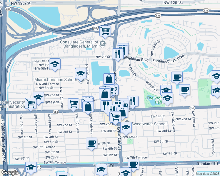 map of restaurants, bars, coffee shops, grocery stores, and more near 260 Northwest 107th Avenue in Miami