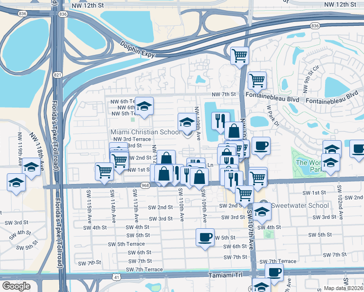 map of restaurants, bars, coffee shops, grocery stores, and more near 220 Northwest 109th Avenue in Miami