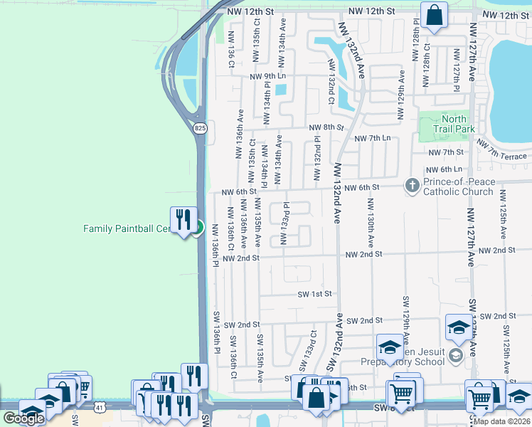 map of restaurants, bars, coffee shops, grocery stores, and more near 432 Northwest 134th Court in Miami