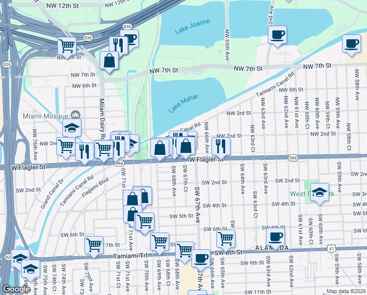 map of restaurants, bars, coffee shops, grocery stores, and more near 100 Northwest 67th Court in Miami