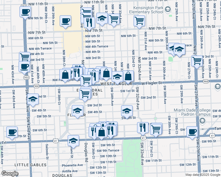 map of restaurants, bars, coffee shops, grocery stores, and more near 38 Southwest 34th Avenue in Miami