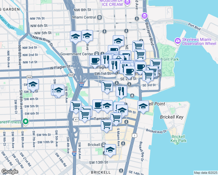 map of restaurants, bars, coffee shops, grocery stores, and more near 74 Southwest 3rd Street in Miami