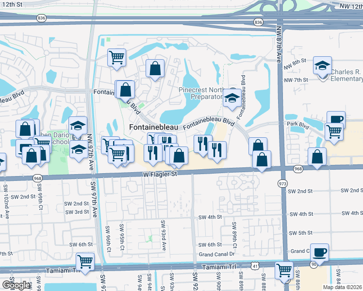 map of restaurants, bars, coffee shops, grocery stores, and more near 9270 Fontainebleau Boulevard in Miami