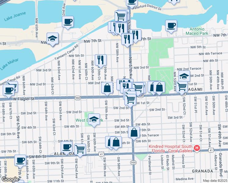 map of restaurants, bars, coffee shops, grocery stores, and more near 37 Northwest 58th Court in Miami