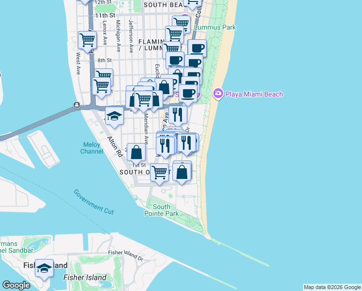 map of restaurants, bars, coffee shops, grocery stores, and more near 226 Ocean Court in Miami Beach