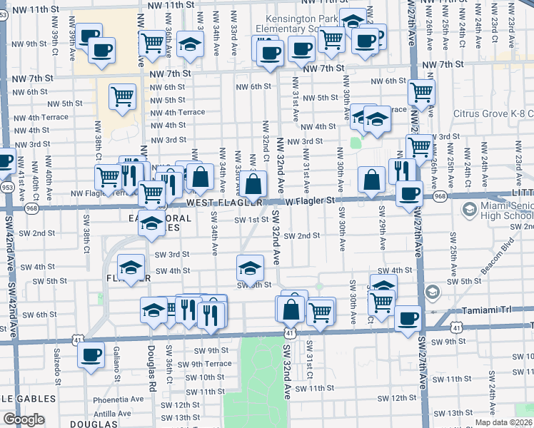 map of restaurants, bars, coffee shops, grocery stores, and more near 12 Southwest 32nd Court Road in Miami