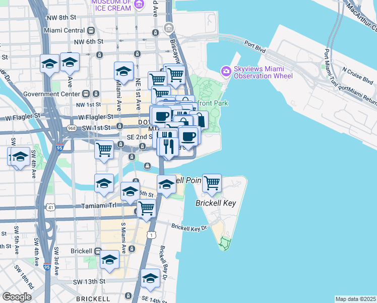 map of restaurants, bars, coffee shops, grocery stores, and more near 300 South Biscayne Boulevard in Miami