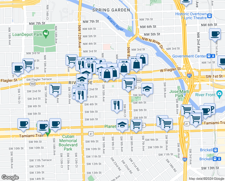 map of restaurants, bars, coffee shops, grocery stores, and more near 930 Southwest 2nd Street in Miami