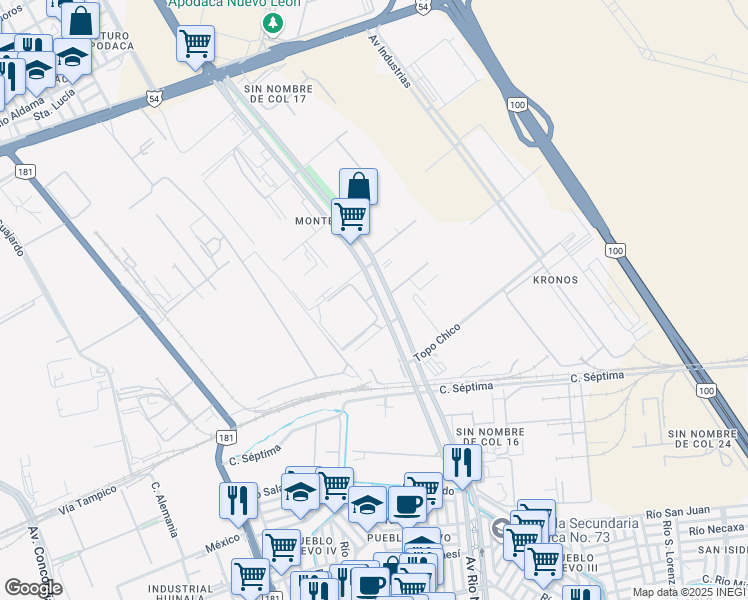 map of restaurants, bars, coffee shops, grocery stores, and more near 13 Avenida Parque Industrial Monterrey in Ciudad Apodaca