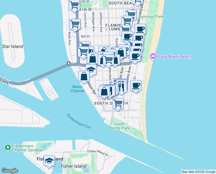 map of restaurants, bars, coffee shops, grocery stores, and more near 220 Meridian Avenue in Miami Beach