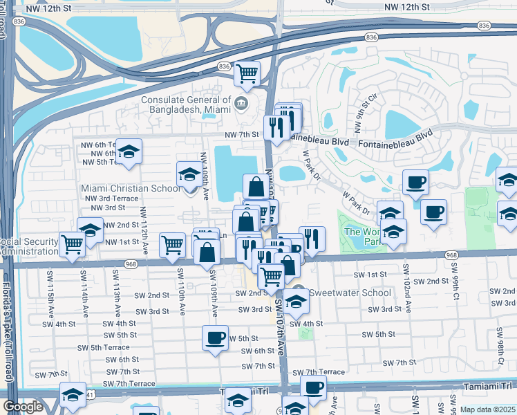 map of restaurants, bars, coffee shops, grocery stores, and more near 260 Northwest 107th Avenue in Miami