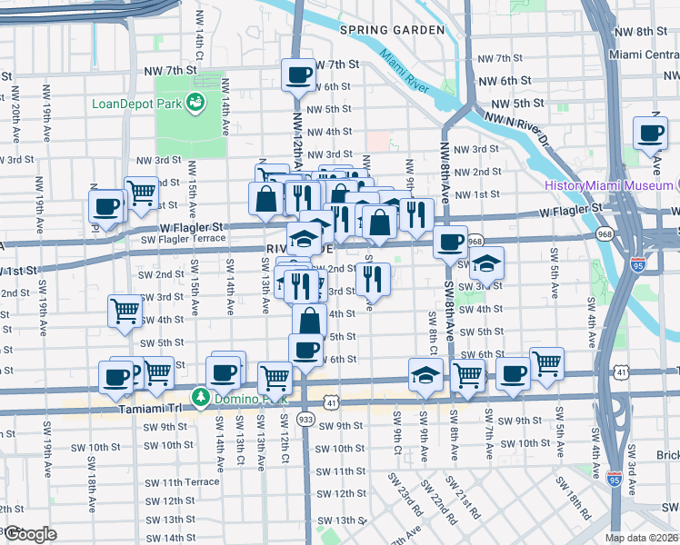 map of restaurants, bars, coffee shops, grocery stores, and more near 1054 Southwest 2nd Street in Miami