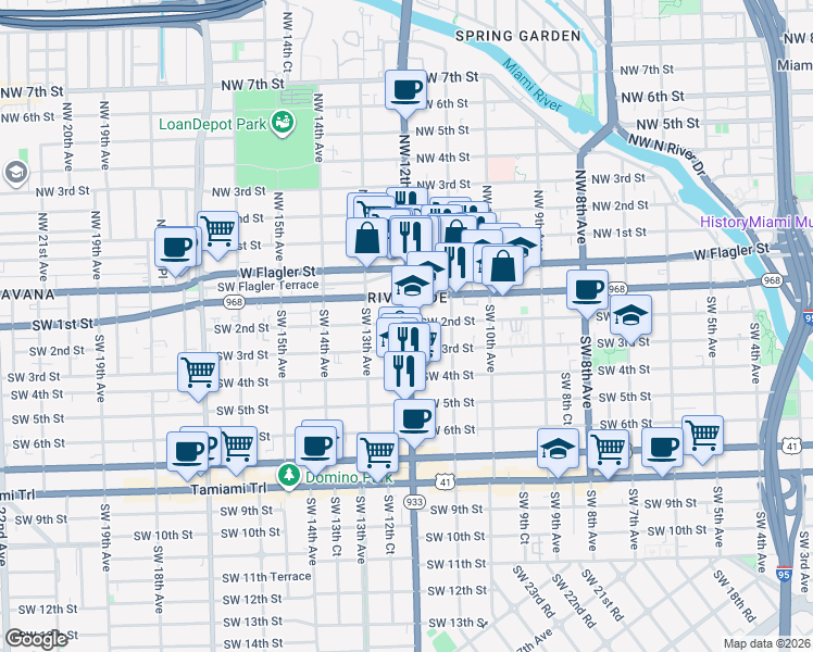 map of restaurants, bars, coffee shops, grocery stores, and more near 200 Southwest 12th Avenue in Miami