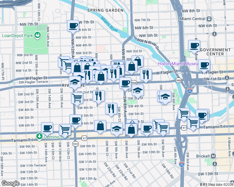 map of restaurants, bars, coffee shops, grocery stores, and more near 200 Southwest 8th Avenue in Miami
