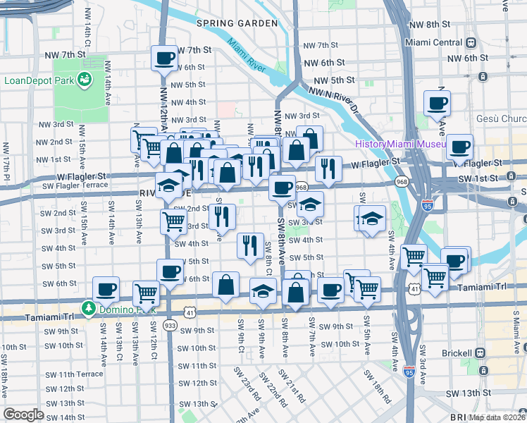 map of restaurants, bars, coffee shops, grocery stores, and more near 200 Southwest 8th Avenue in Miami