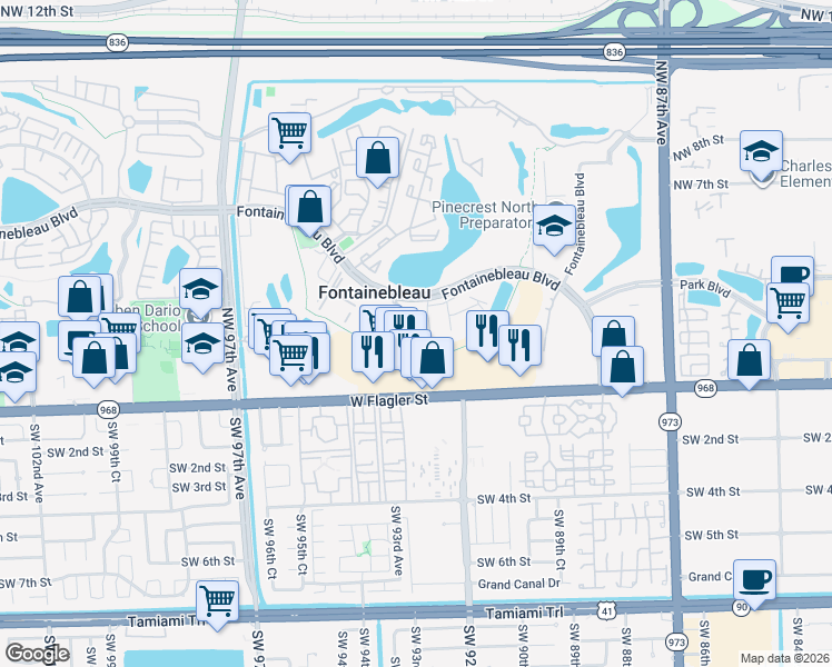 map of restaurants, bars, coffee shops, grocery stores, and more near 9270 Fontainebleau Boulevard in Miami