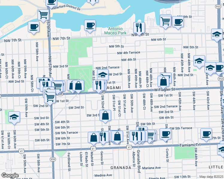 map of restaurants, bars, coffee shops, grocery stores, and more near in Miami
