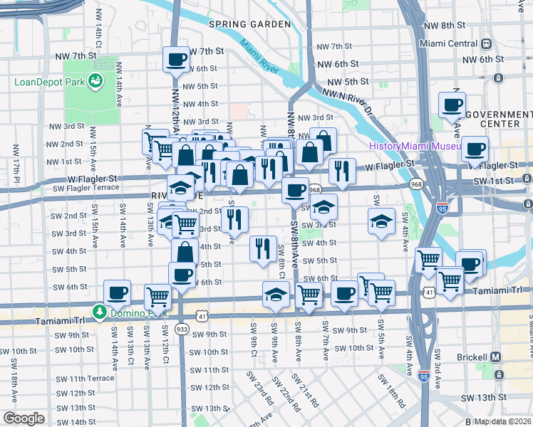 map of restaurants, bars, coffee shops, grocery stores, and more near 902 Southwest 2nd Street in Miami