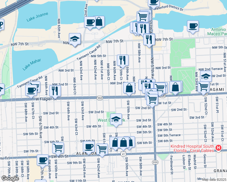 map of restaurants, bars, coffee shops, grocery stores, and more near 50 Northwest 60th Avenue in Miami