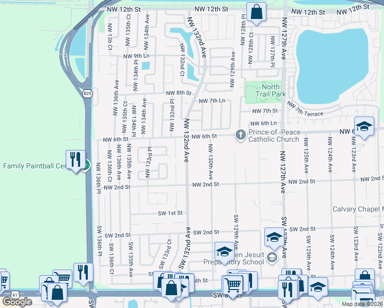 map of restaurants, bars, coffee shops, grocery stores, and more near 451 Northwest 132nd Avenue in Miami