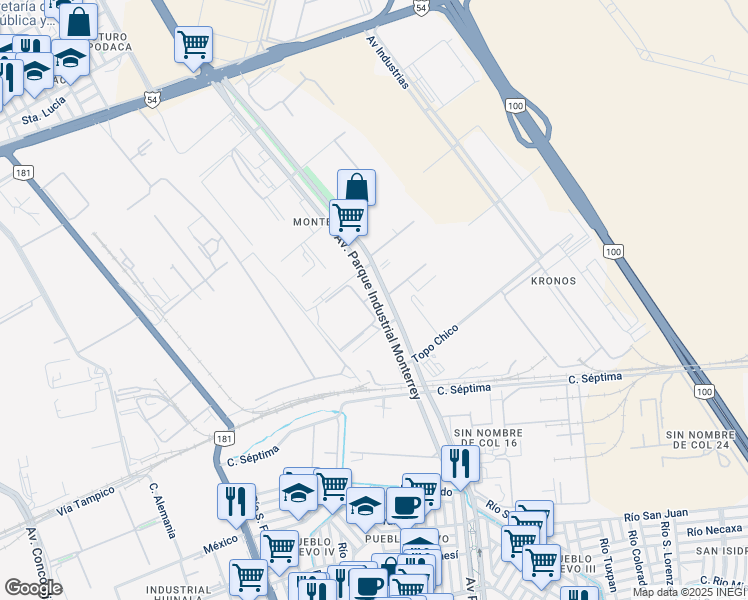 map of restaurants, bars, coffee shops, grocery stores, and more near 13 Avenida Parque Industrial Monterrey in Ciudad Apodaca