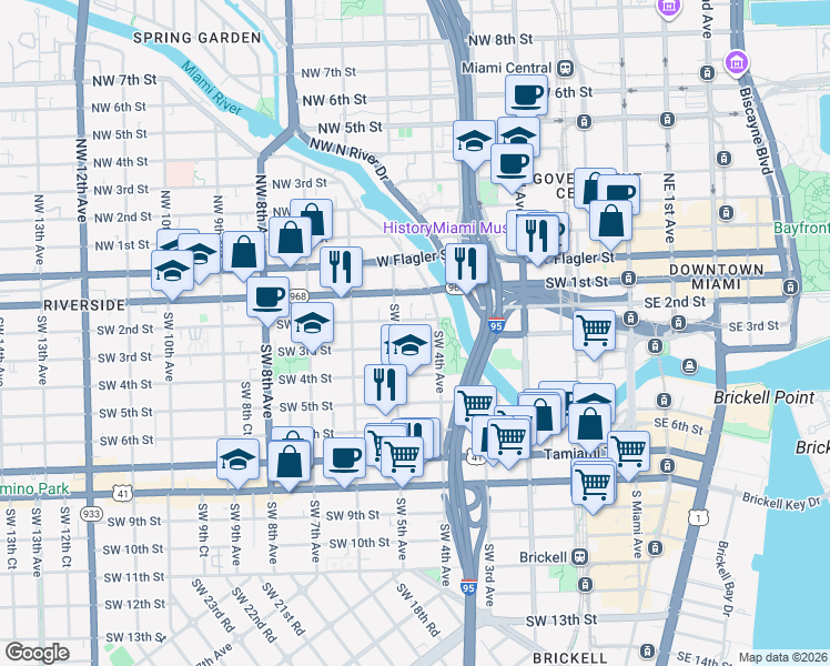 map of restaurants, bars, coffee shops, grocery stores, and more near 452 Southwest 2nd Street in Miami