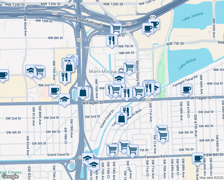 map of restaurants, bars, coffee shops, grocery stores, and more near 77 Northwest 74th Avenue in Miami