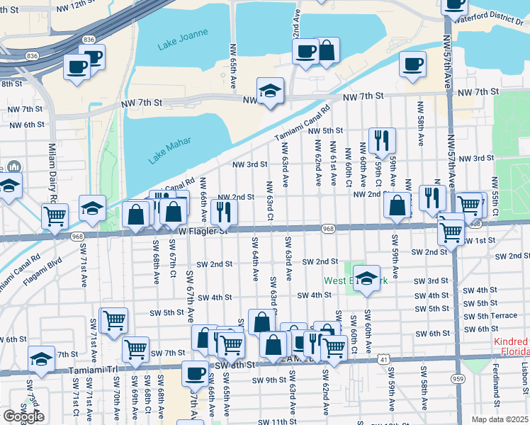 map of restaurants, bars, coffee shops, grocery stores, and more near 48 Northwest 63rd Court in Miami