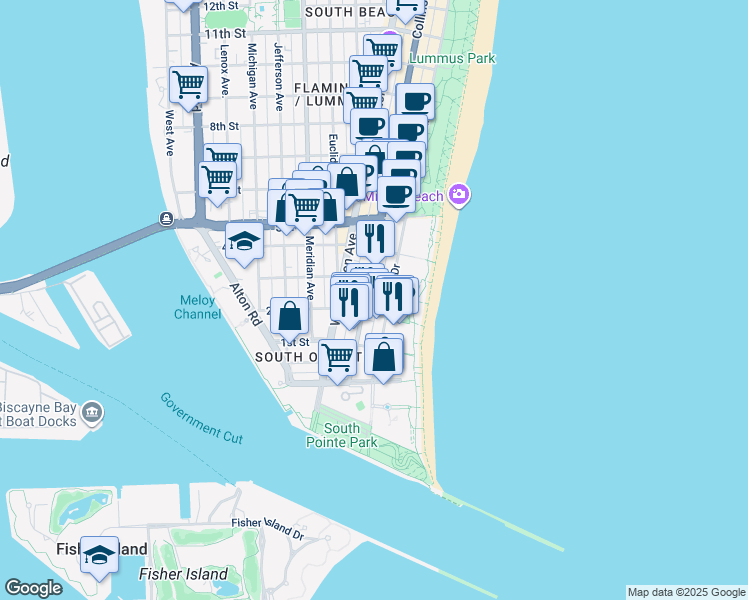 map of restaurants, bars, coffee shops, grocery stores, and more near 226 Ocean Court in Miami Beach