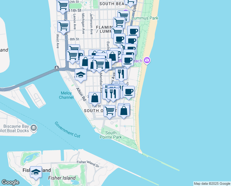 map of restaurants, bars, coffee shops, grocery stores, and more near in Miami Beach