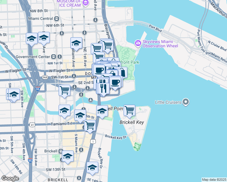 map of restaurants, bars, coffee shops, grocery stores, and more near 300 South Biscayne Boulevard in Miami