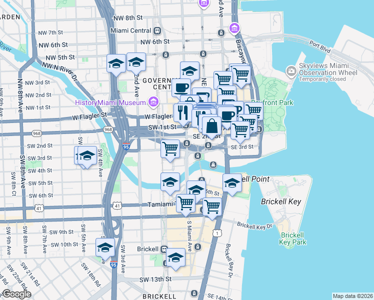 map of restaurants, bars, coffee shops, grocery stores, and more near in Miami