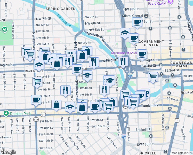 map of restaurants, bars, coffee shops, grocery stores, and more near 634 Southwest 2nd Street in Miami