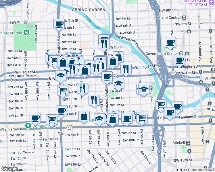 map of restaurants, bars, coffee shops, grocery stores, and more near 200 Southwest 8th Avenue in Miami