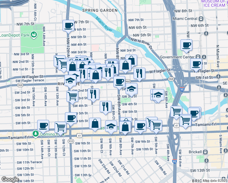 map of restaurants, bars, coffee shops, grocery stores, and more near 200 Southwest 8th Avenue in Miami