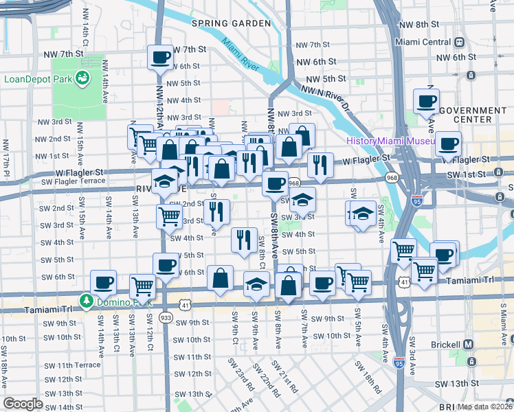 map of restaurants, bars, coffee shops, grocery stores, and more near 200 Southwest 8th Avenue in Miami