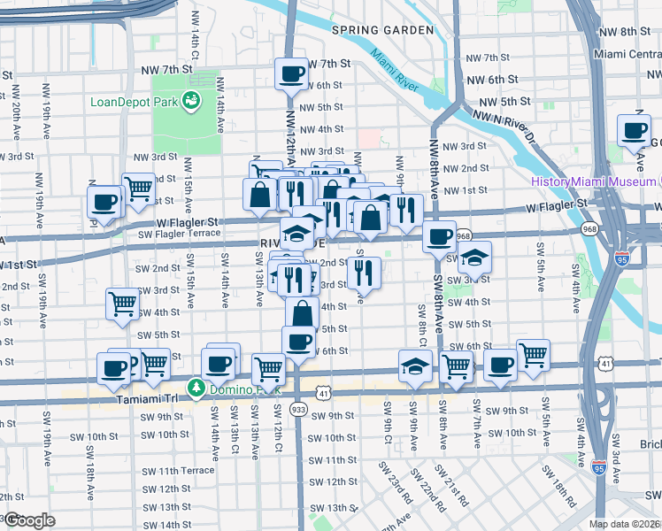 map of restaurants, bars, coffee shops, grocery stores, and more near 1054 Southwest 2nd Street in Miami