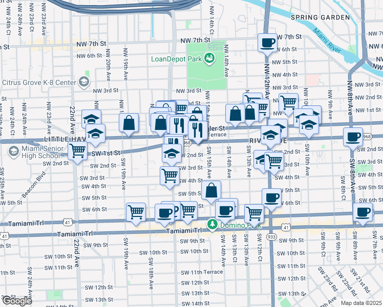 map of restaurants, bars, coffee shops, grocery stores, and more near 1609 Southwest 2nd Street in Miami