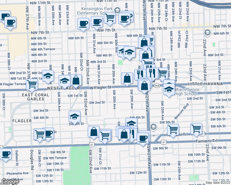 map of restaurants, bars, coffee shops, grocery stores, and more near 70 Southwest 30th Avenue in Miami