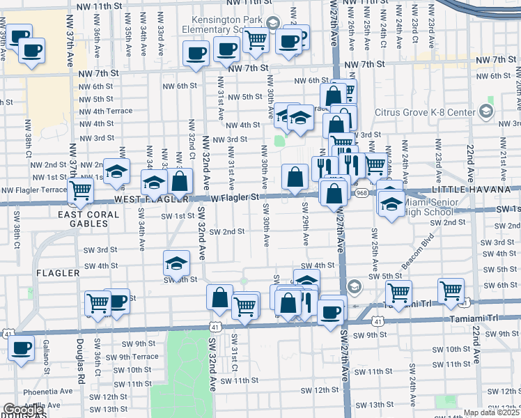 map of restaurants, bars, coffee shops, grocery stores, and more near 70 Southwest 30th Avenue in Miami
