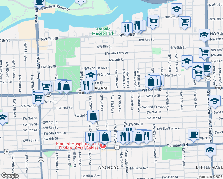 map of restaurants, bars, coffee shops, grocery stores, and more near 20 Northwest 50th Avenue in Miami