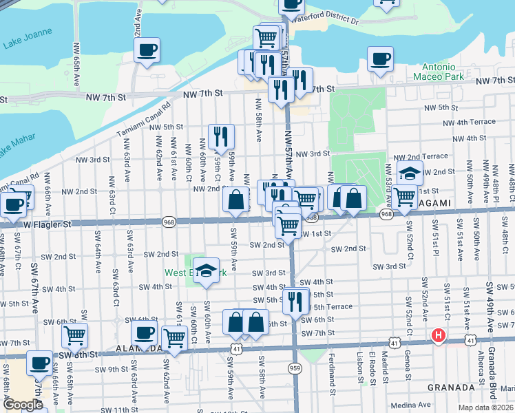 map of restaurants, bars, coffee shops, grocery stores, and more near 37 Northwest 58th Court in Miami