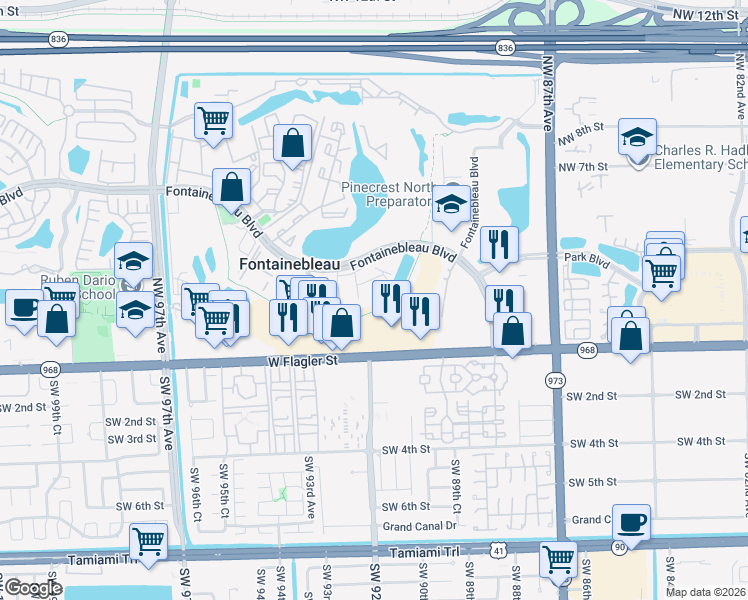 map of restaurants, bars, coffee shops, grocery stores, and more near 9220 Fontainebleau Boulevard in Miami