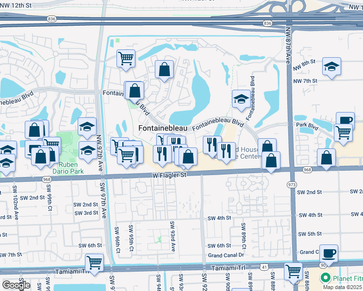 map of restaurants, bars, coffee shops, grocery stores, and more near 9270 Fontainebleau Boulevard in Miami