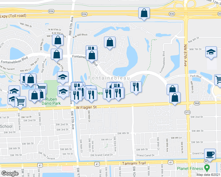 map of restaurants, bars, coffee shops, grocery stores, and more near 9320 Fontainebleau Boulevard in Miami
