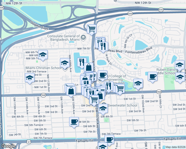 map of restaurants, bars, coffee shops, grocery stores, and more near 260 Northwest 107th Avenue in Miami