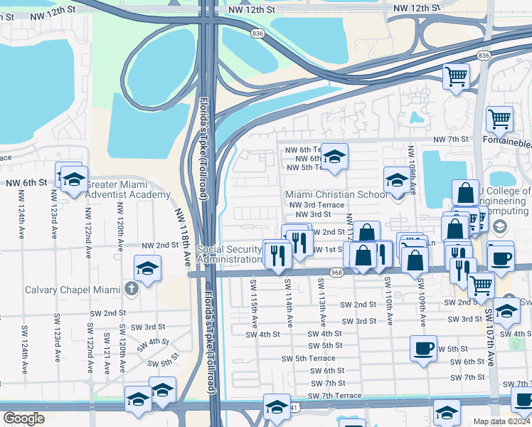 map of restaurants, bars, coffee shops, grocery stores, and more near 372 Northwest 114th Avenue in Miami