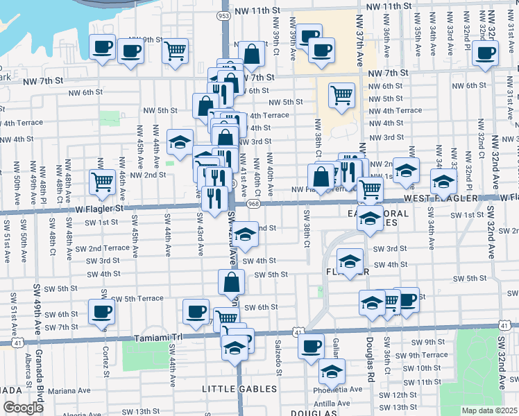 map of restaurants, bars, coffee shops, grocery stores, and more near 4000 West Flagler Street in Miami