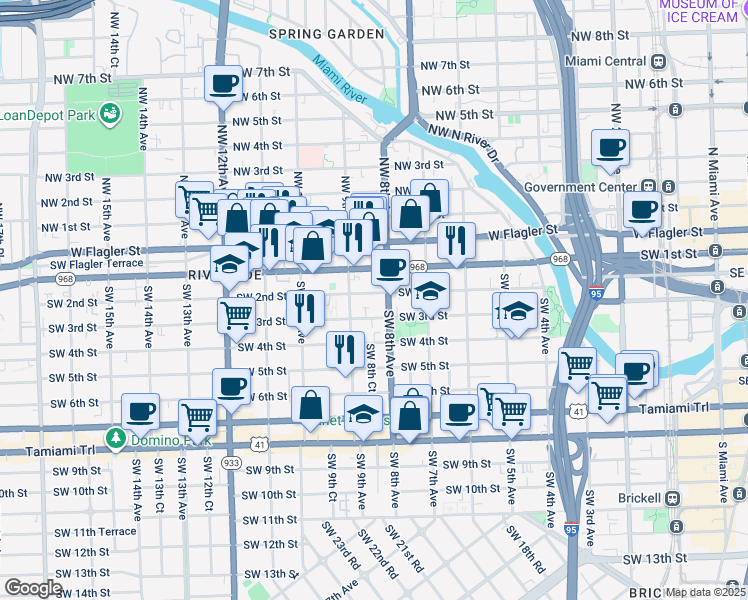 map of restaurants, bars, coffee shops, grocery stores, and more near 200 Southwest 8th Avenue in Miami